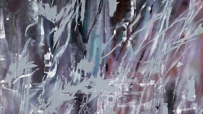 Barbara Drev, brez naslova, 2021, olje in barvno pršilo na platnu, 170 x 135 cm