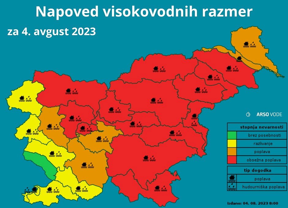 Slovenija - napoved visokovodnih razmer - 4.8.