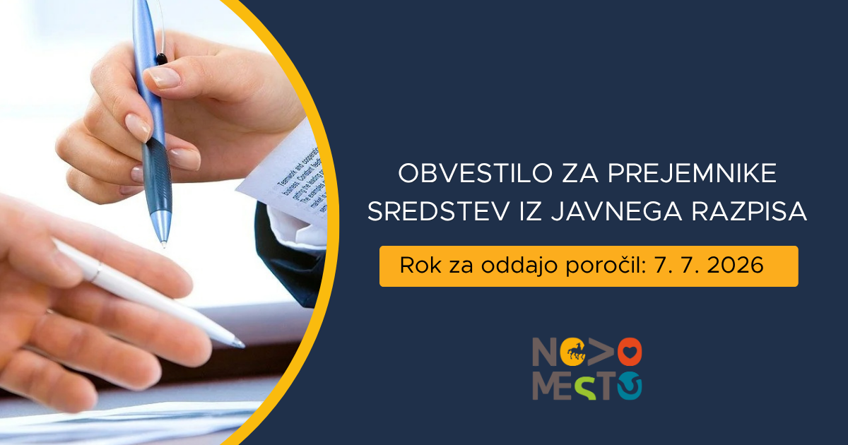 Na fotografiji je obvestilo prejemnikom sredstev iz javnega razpisa - da se približuje rok za oddajo poročil, ki bo 7.7.2026 Oddaja poročil v okviru javnega razpisa za sofinanciranje dela organizacij in posameznikov