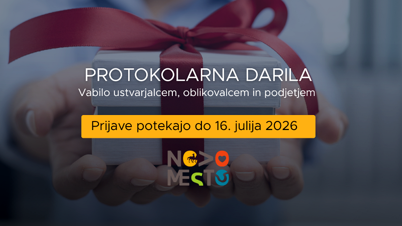 Na fotografiji je plakat z vabilom ustvarjalcem k predstavitvi idej za protokolarna vabila Iščejo se darila s pridihom Novega mesta