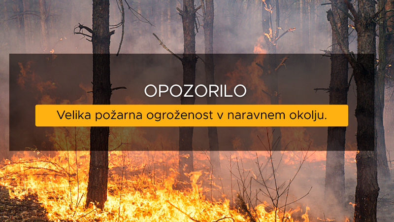 Na fotografiji je plakat z opozorilom o veliki požarni ogroženosti v naravnem okolju Razglašena velika požarna ogroženost