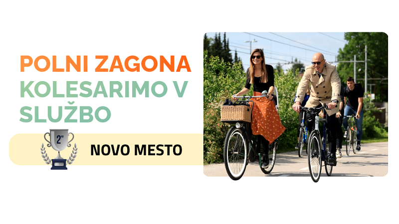 Na fotografiji je uradni plakat izziva Polni zagona, s pokalom za drugo mesto in pripisom Novo mesto Novo mesto med najboljšimi na letošnji kolesarski pobudi Polni zagona