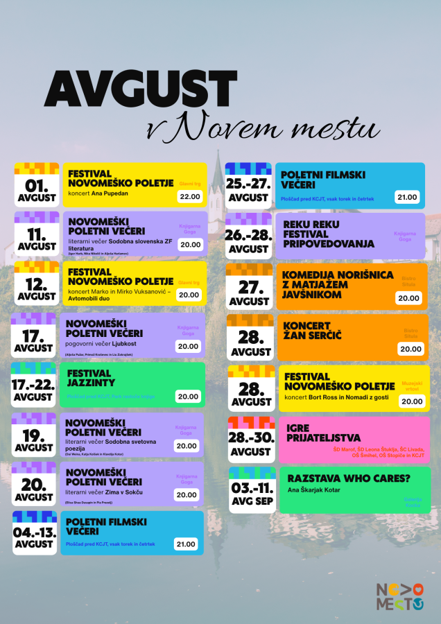 Na fotografiji je plakat s seznamom prireditev v avgustu Na fotografiji je plakat s seznamom prireditev v avgustu